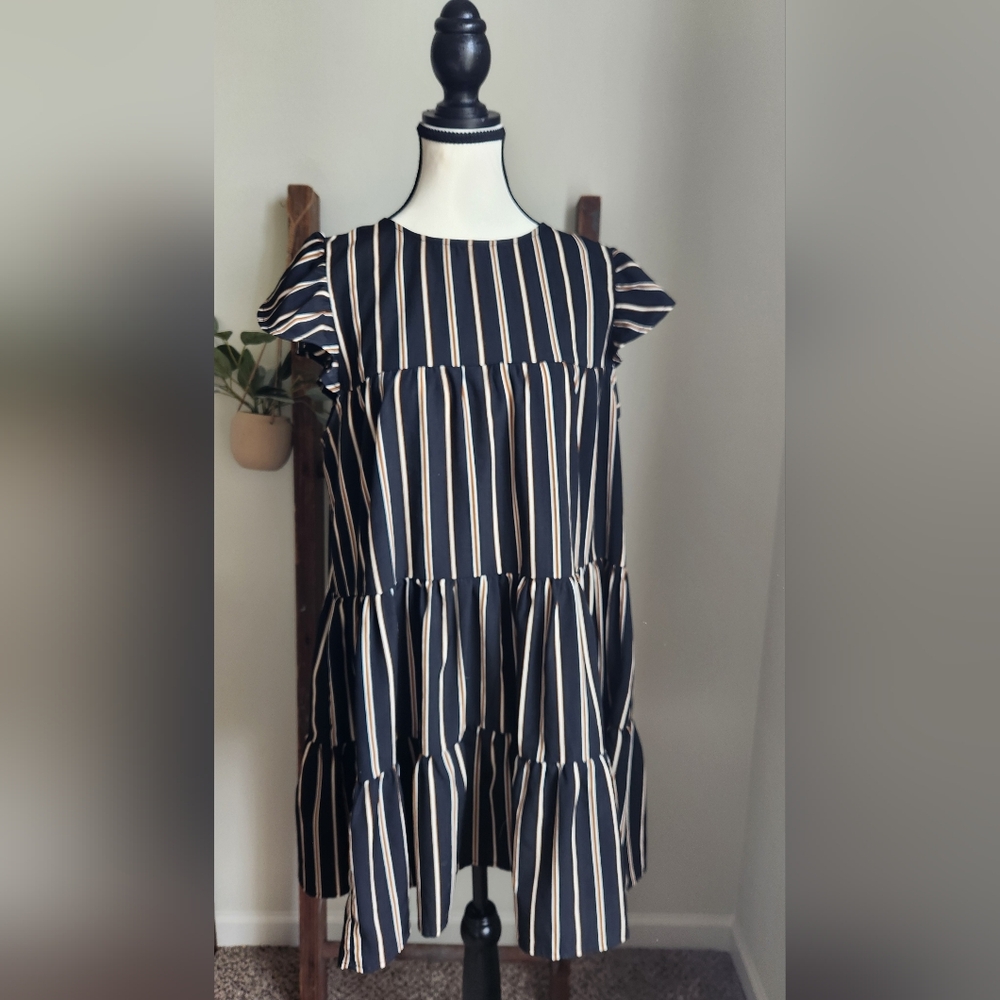 Girls Navy Striped Tiered Dress - Brand
